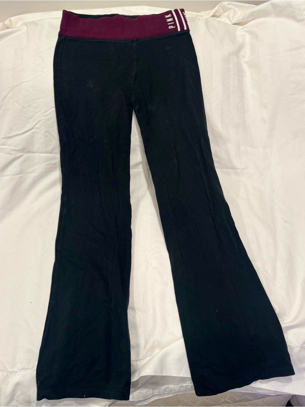 PINK Black Flare Yoga Pants with Burgundy Waistband